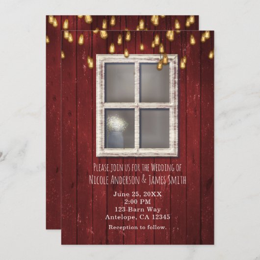 赤い納屋の窓とライトのルーラルスタイルの招待状 招待状 (正面/裏面)