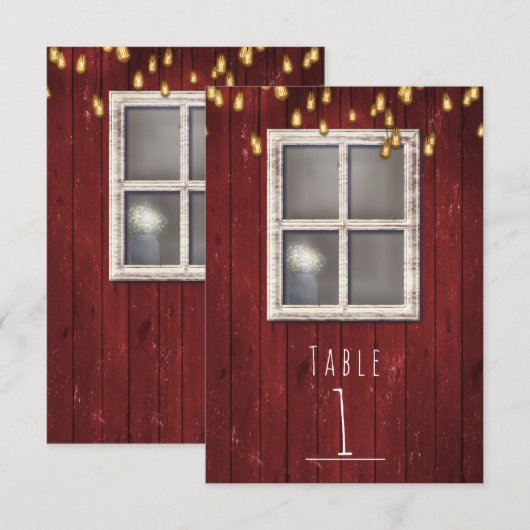 赤い納屋の窓とライトの素朴なテーブルナンバー 招待状 (正面/裏面)