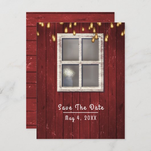 赤い納屋の窓とライトの素朴なSave the Date 案内ポストカード (正面/裏面)