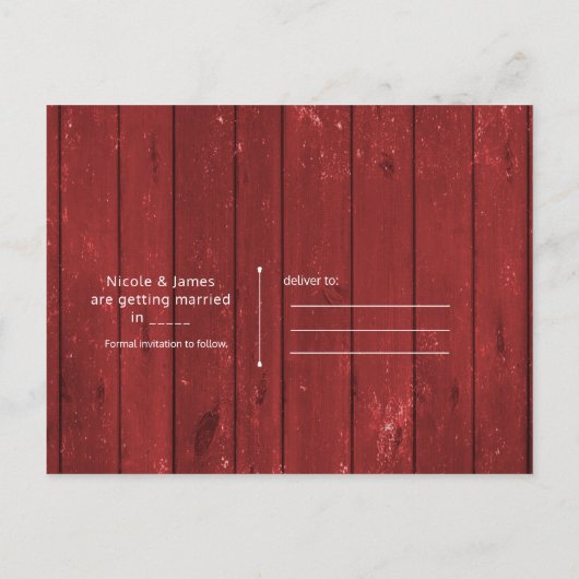 赤い納屋の窓とライトの素朴なSave the Date 案内ポストカード (裏面)