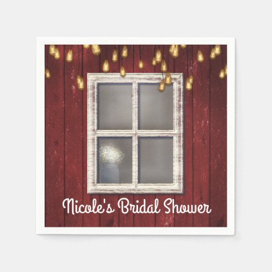 赤い納屋の窓とライト ラスティックカントリーウェディング スタンダードカクテルナプキン (正面)