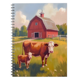 赤い納屋の農場の動物 牛の絵画 ノートブック