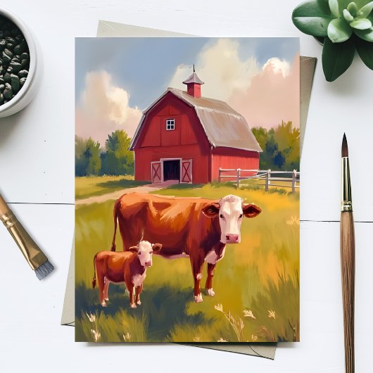 赤い納屋の農場の動物 牛の絵 ポストカード