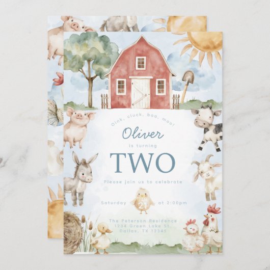 赤い納屋の農場動物の誕生日パーティー招待状 招待状 (正面/裏面)