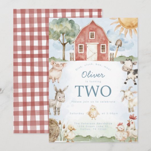 赤い納屋の農場動物の誕生日パーティー招待状 招待状 (正面/裏面)
