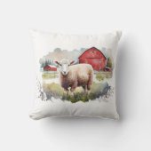 赤い納屋を持つ水色の羊 クッション (正面)