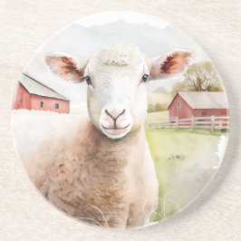 赤い納屋を持つ水色の羊 コースター