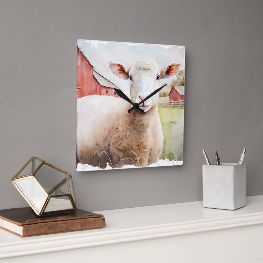 赤い納屋を持つ水色の羊 スクエア壁時計 (オフィス)