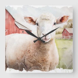 赤い納屋を持つ水色の羊 スクエア壁時計