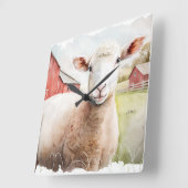 赤い納屋を持つ水色の羊 スクエア壁時計 (傾斜)