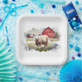 赤い納屋を持つ水色の羊 ペーパープレート (パーティー)