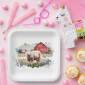 赤い納屋を持つ水色の羊 ペーパープレート (パーティー)