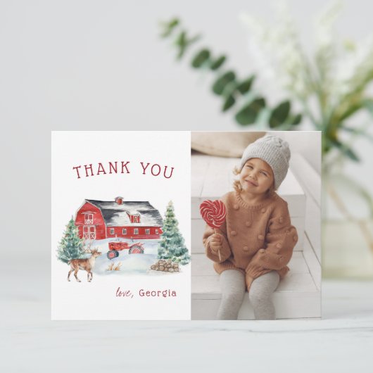赤い納屋 | 冬のファームテーマの誕生日お礼 サンキューカード (スタンド正面)