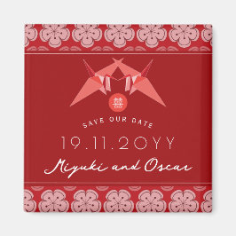 赤い紙クレーン桜アジアの結婚式の日付を保存 マグネット