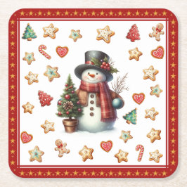 赤い紙コースターの雪だるまとクリスマスクッキー スクエアペーパーコースター