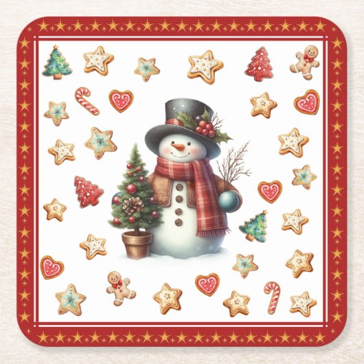 赤い紙コースターの雪だるまとクリスマスクッキー スクエアペーパーコースター (正面)