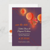 赤い紙ランタンパープルウェディング日付を保存 案内ポストカード (正面/裏面)