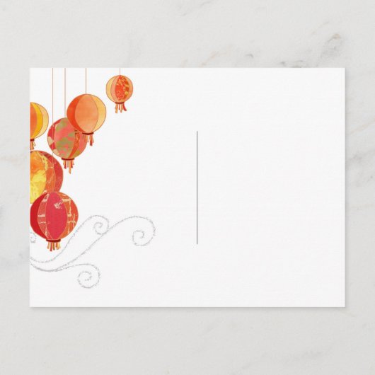 赤い紙ランタンパープルウェディング日付を保存 案内ポストカード (裏面)