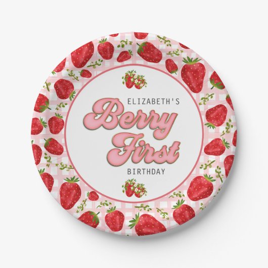 赤い素朴いちご柄ガールベリーファースト ペーパープレート (正面)