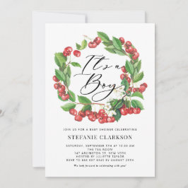 赤い素朴さくらんぼリース男の子の赤ちゃんシャワー 招待状