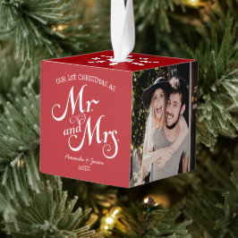 赤い素朴なスクリプト最初のクリスマmr & mrsカップルc キューブオーナメント