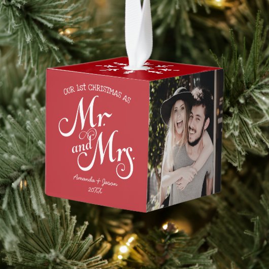 赤い素朴なスクリプト最初のクリスマmr & mrsカップルc キューブオーナメント (ツリー)