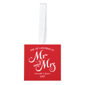 赤い素朴なスクリプト最初のクリスマmr & mrsカップルc キューブオーナメント (正面)