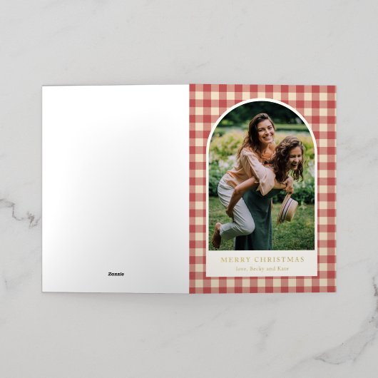 赤い素朴ギンガムアーチ写真クリスマモダンス 箔シーズンカード (外側レイダウン)