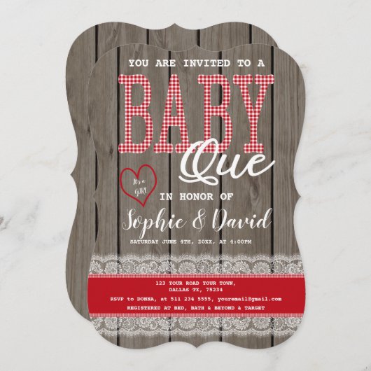赤い素朴ギンガムウッドガールベビーシャワーBBQ 招待状 (正面/裏面)