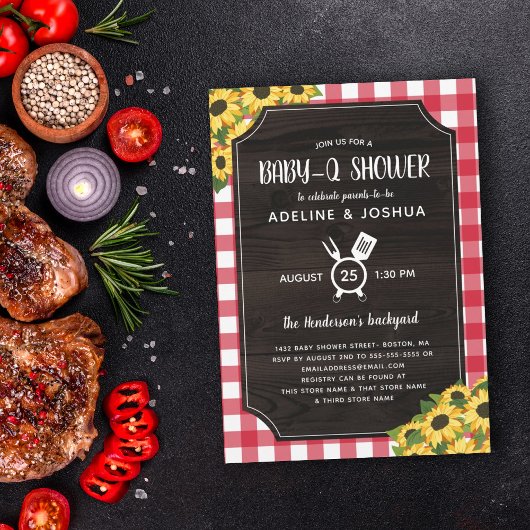 赤い素朴ギンガムサンフラワーズベビー- Qシャワー 招待状