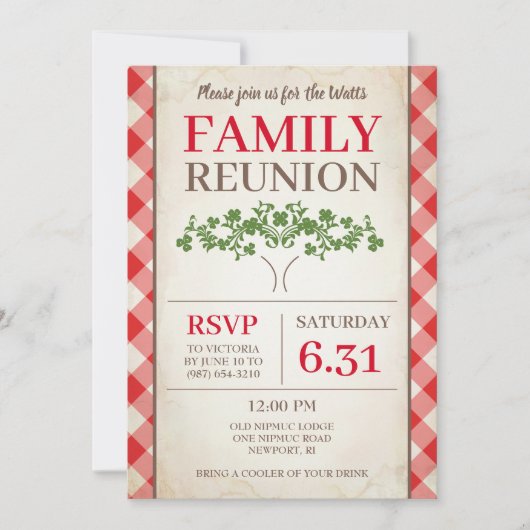 赤い素朴ギンガムファミリー懇親会招待状 招待状 (正面)