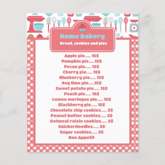 赤い素朴ギンガムベーカリーメニュー&価格表 (裏面)