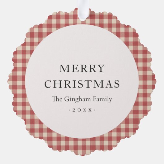 赤い素朴ギンガム写真のクリモダンスマス オーナメントカード (裏面)