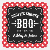 赤い素朴ギンガムBBQの結婚カップルのシャワー スクエアシール (正面)