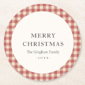 赤い素朴ギンガモダンムクリスマス ラウンドペーパーコースター (正面)