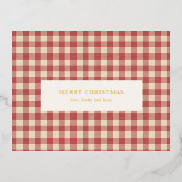 赤い素朴ギンガモダンムクリスマス 箔シーズンポストカード