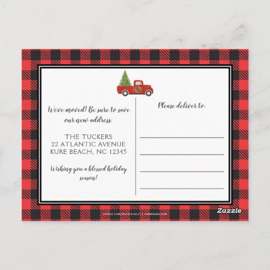 赤い素朴クリスマストラック格子木の移動 ポストカード (裏面)