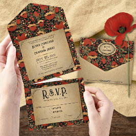 赤い素朴ケシの木の全て1つの結婚式の招待 オールインワン招待状