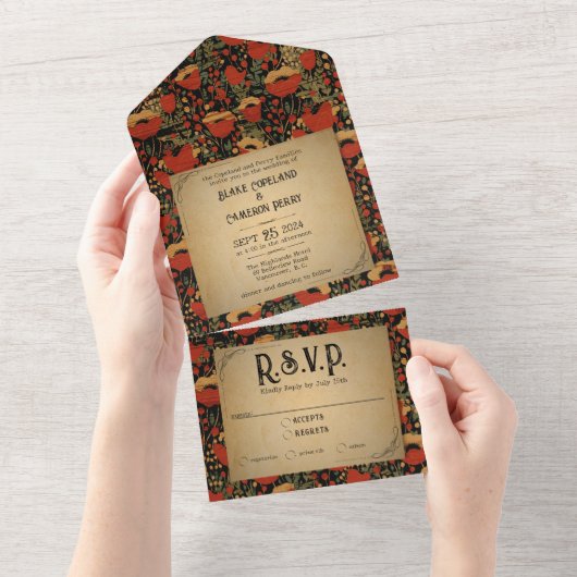 赤い素朴ケシの木の全て1つの結婚式の招待 オールインワン招待状 (貼ってはがせる)