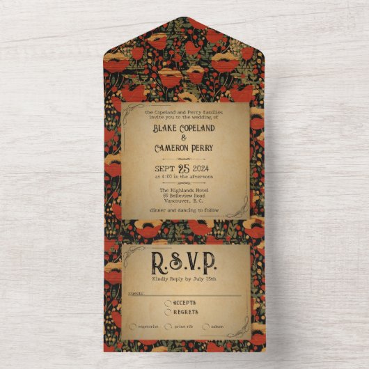 赤い素朴ケシの木の全て1つの結婚式の招待 オールインワン招待状 (内側)
