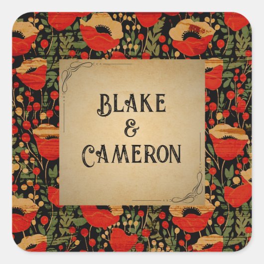 赤い素朴ケシ結婚の封筒シール スクエアシール (正面)