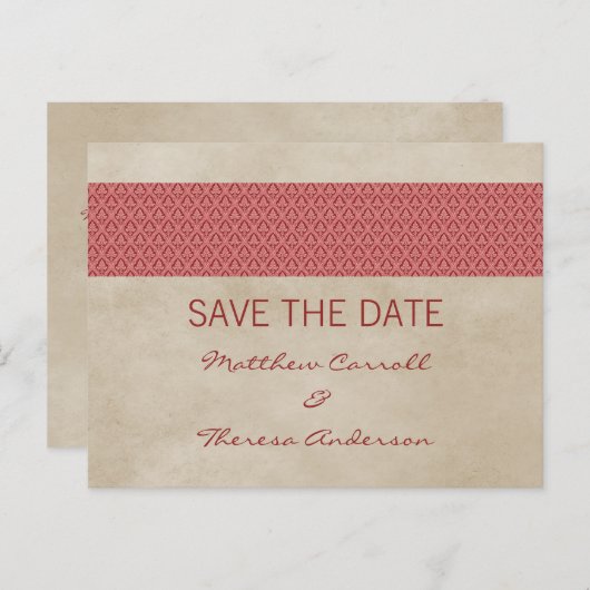 赤い素朴ダマスク日付はがきを保存 案内ポストカード (正面/裏面)