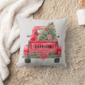 赤い素朴トラックのファミリーネームクリスマスパインの木 クッション (ブランケット)