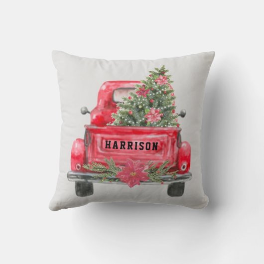 赤い素朴トラックのファミリーネームクリスマスパインの木 クッション (裏面)