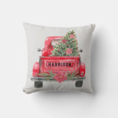 赤い素朴トラックのファミリーネームクリスマスパインの木 クッション (正面)