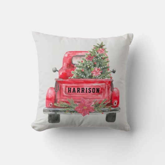 赤い素朴トラックのファミリーネームクリスマスパインの木 クッション (正面)