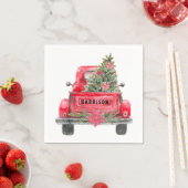 赤い素朴トラックの家族の名前クリスマスパインツリー スタンダードカクテルナプキン (インサイチュ)