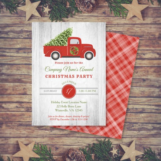 赤い素朴トラックツリー会社クリスマスパーティー 招待状