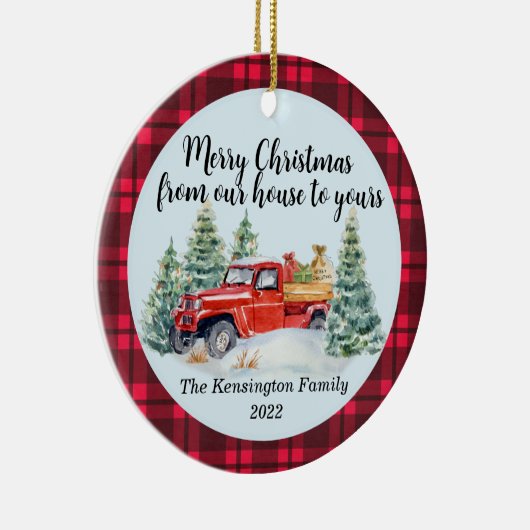 赤い素朴トラック – バッファロープレイド – フレンズ家族 セラミックオーナメント (右)