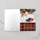 赤い素朴バッファローのプレイドメリークリスマスフォト 箔シーズンカード (外側レイダウン)